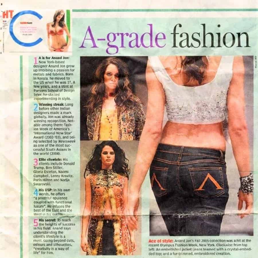 A Grade Fashion Cover Hindustan Times Feb 05 on Anand jon