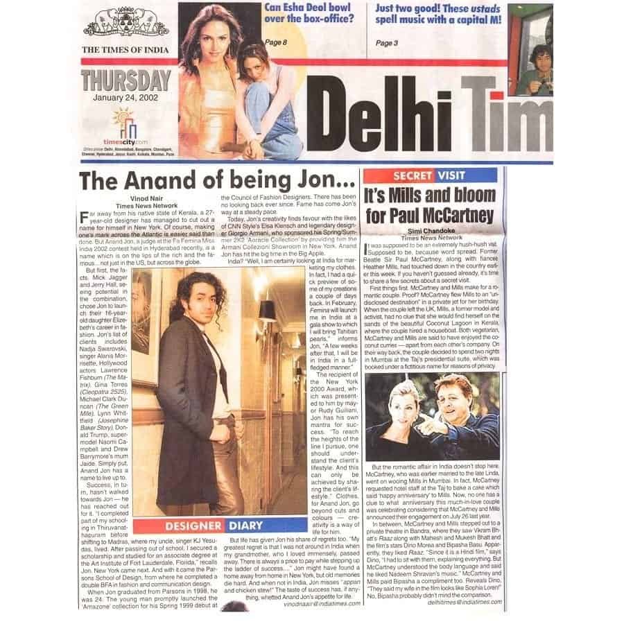 Anand Jon in Delhi Times Jan 2402 Front page