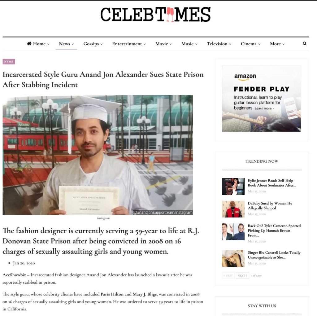 Incarcerated Style Guru Anand Jon Alexander Sues State Prison After Stabbing Incident story by celebtimes