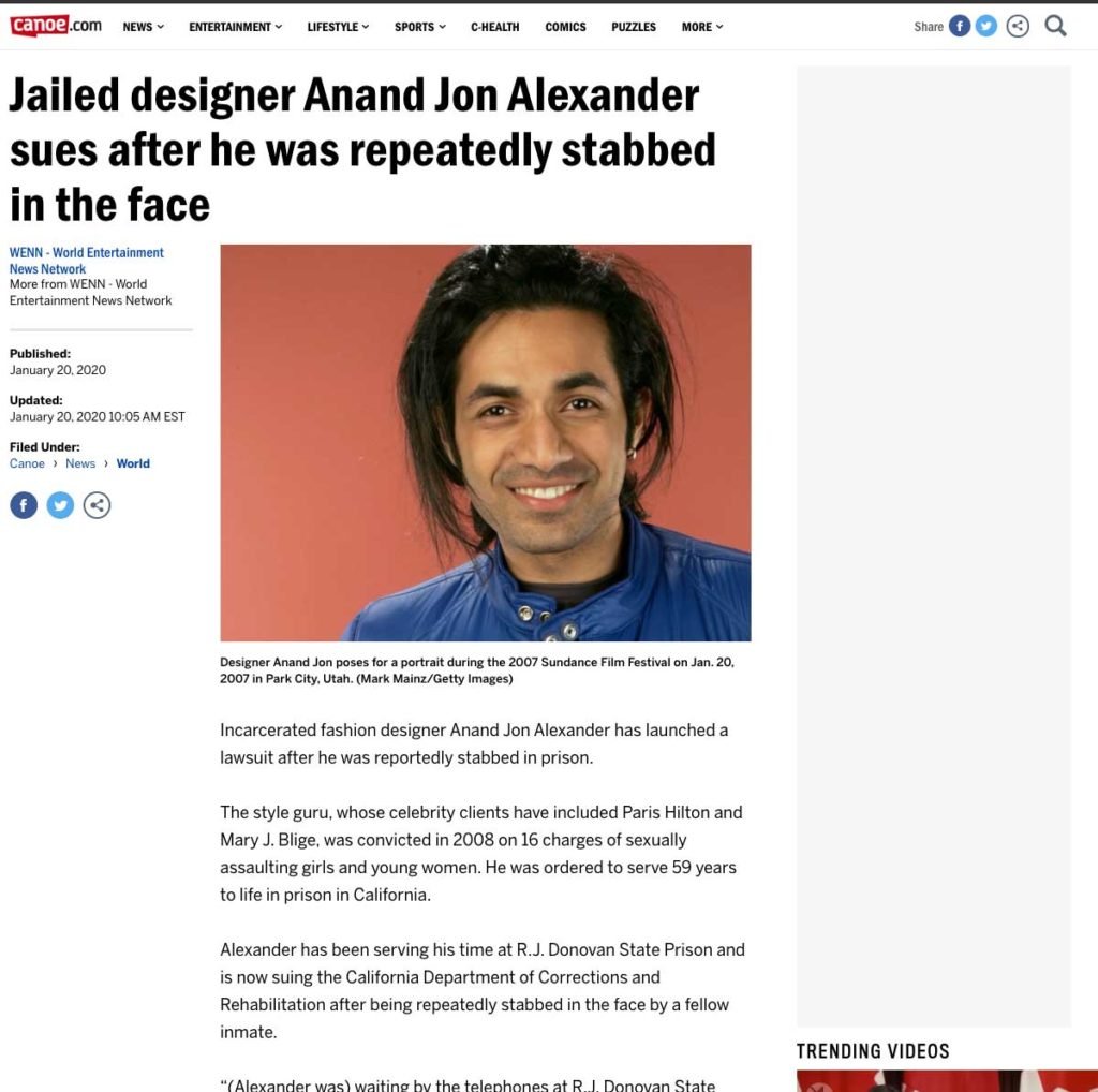 Jailed designer Anand Jon Alexander sues after he was repeatedly stabbed in the face