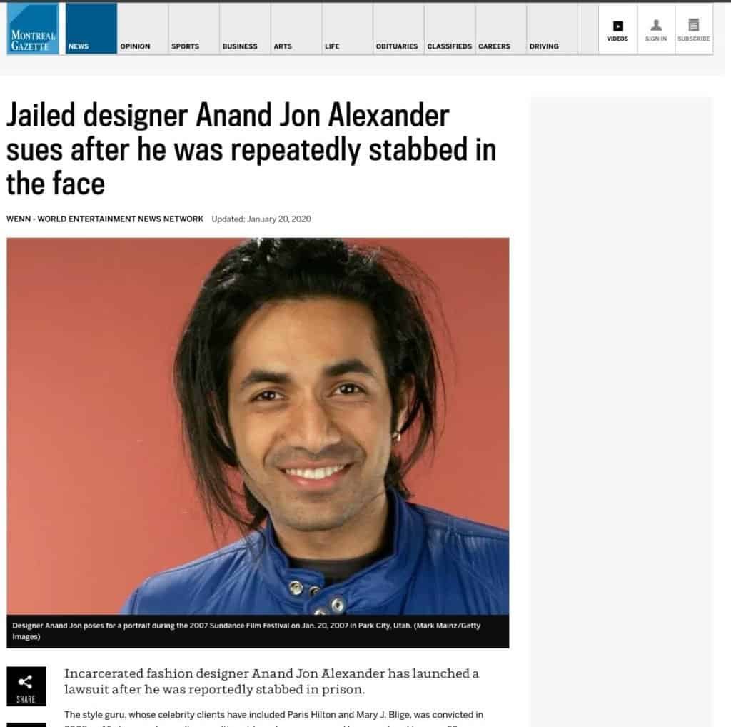 Jailed designer Anand Jon Alexander sues after he was repeatedly stabbed in the face covered by Montereal Gazette